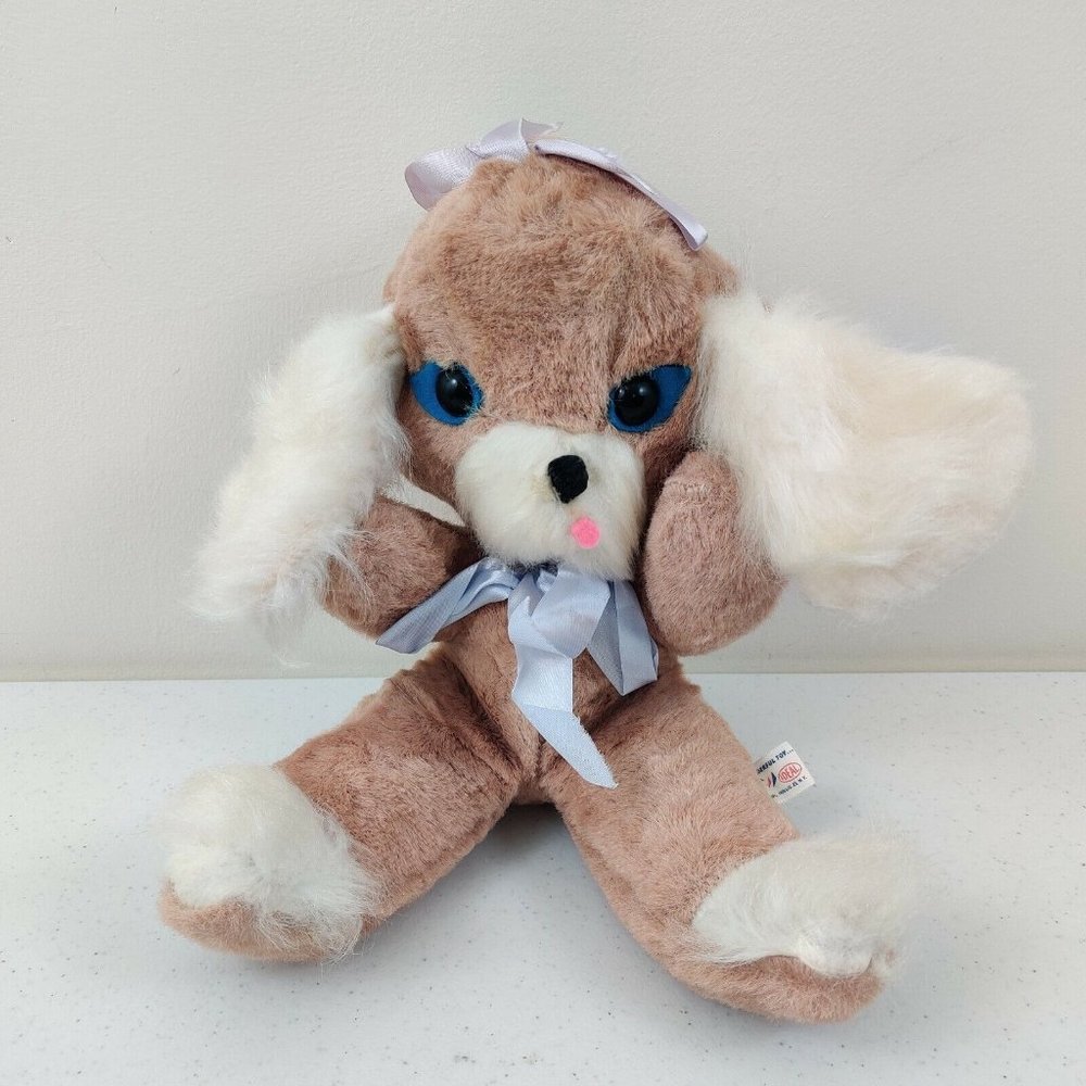 Vintage Ideal Toy Corp. Whimsical Plush Puppy Dog with Purple / Blue Satin Bows